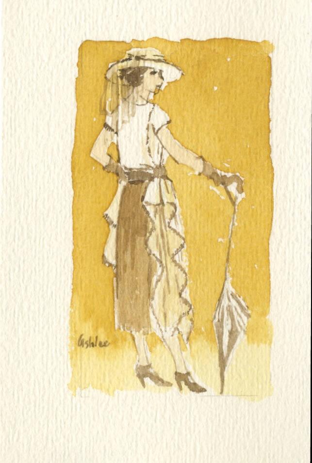 Small watercolor in shades of yellow of a woman wearing a dress, holding a closed umbrella like a cane.